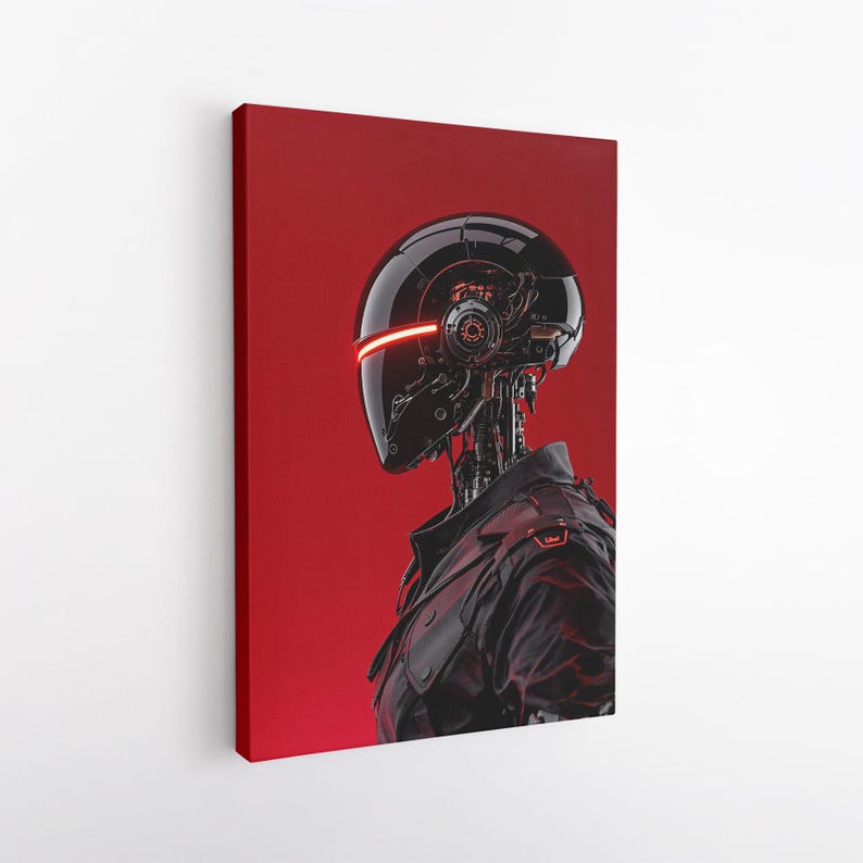 Sci-Fi Robot Canvas Print, Cyberpunk Wall Art, Futuristic Red and Black Cyborg Decor