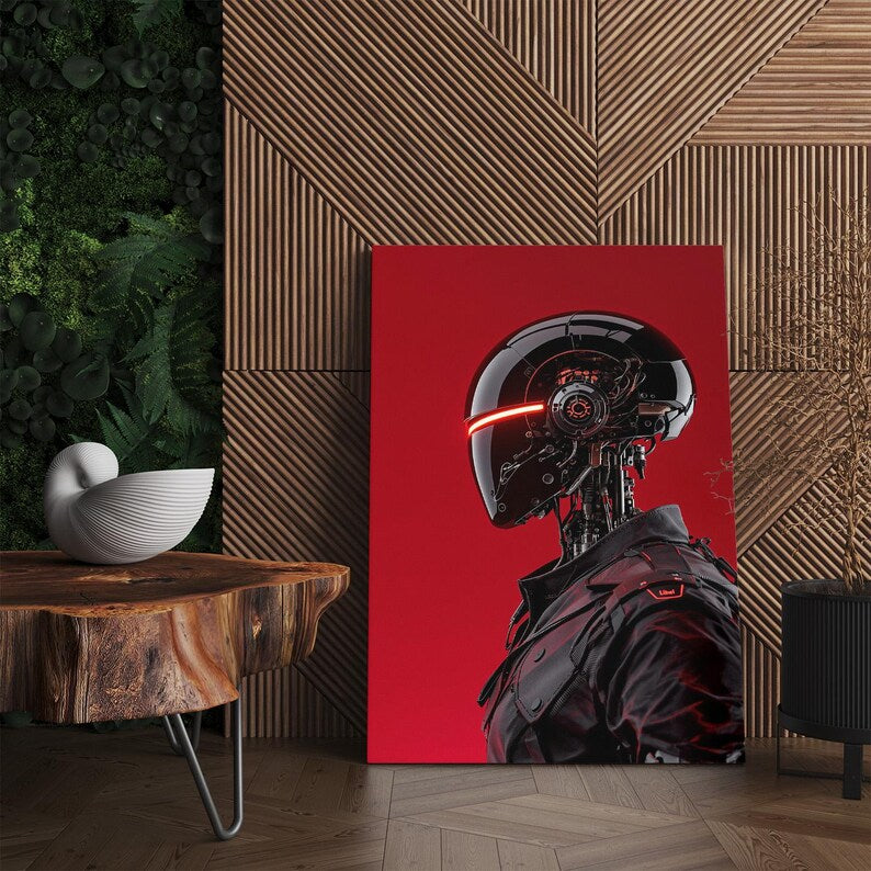 Sci-Fi Robot Canvas Print, Cyberpunk Wall Art, Futuristic Red and Black Cyborg Decor