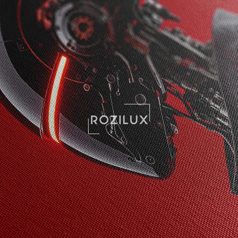Sci-Fi Robot Canvas Print, Cyberpunk Wall Art, Futuristic Red and Black Cyborg Decor