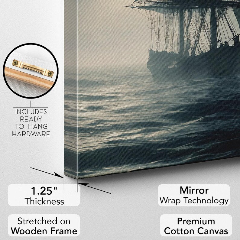 Epic Stormy Sea Ship Canvas Print, Nautical Tall Ship Ocean Wall Art, Moody Maritime Decor