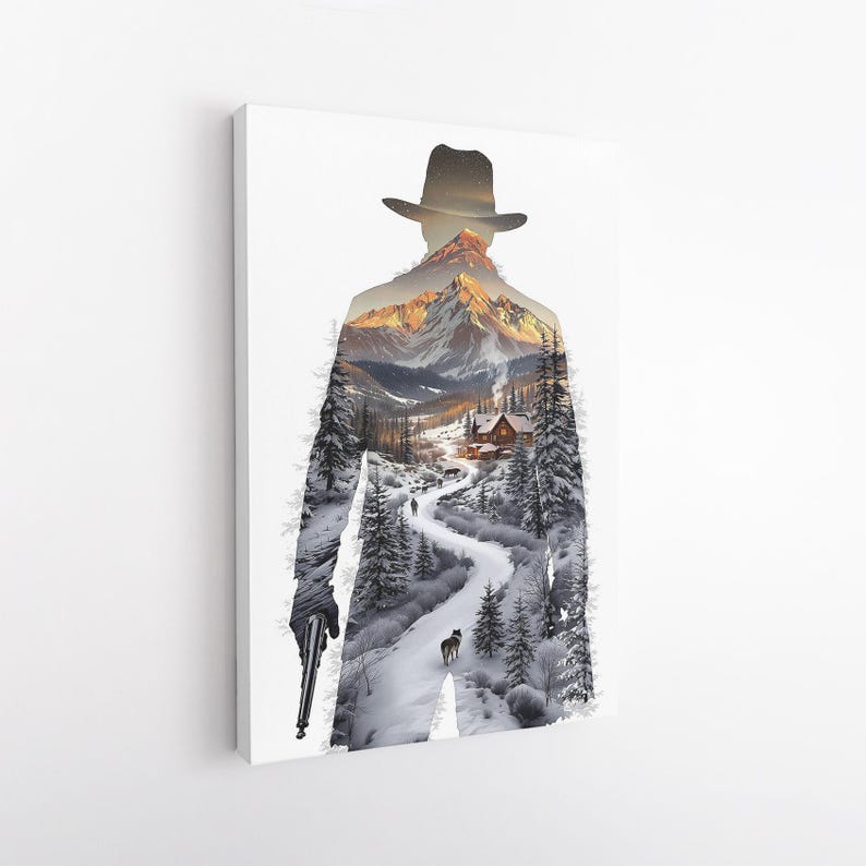 Winter Mountain Landscape Cowboy Silhouette Canvas Print, Rustic Cabin Scene Nature Wall Art, Gift For Him