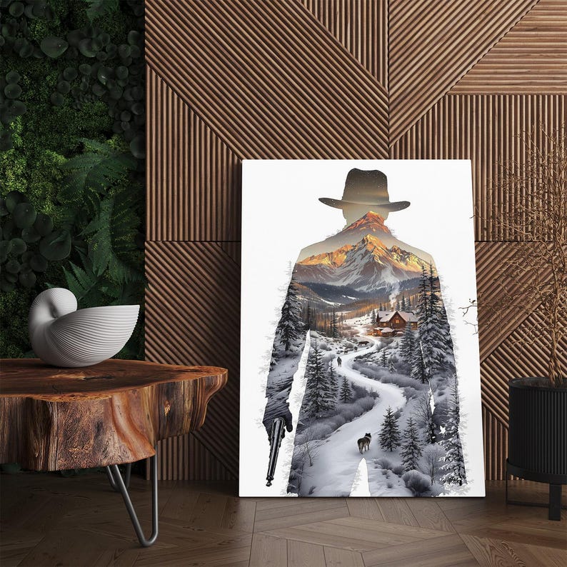 Winter Mountain Landscape Cowboy Silhouette Canvas Print, Rustic Cabin Scene Nature Wall Art, Gift For Him