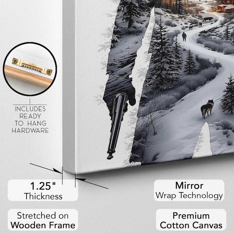 Winter Mountain Landscape Cowboy Silhouette Canvas Print, Rustic Cabin Scene Nature Wall Art, Gift For Him