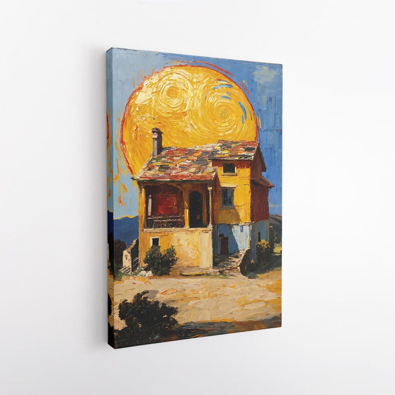 Vibrant Textured House Canvas Print | Impasto Style Landscape Wall Art | Colorful Sun Painting