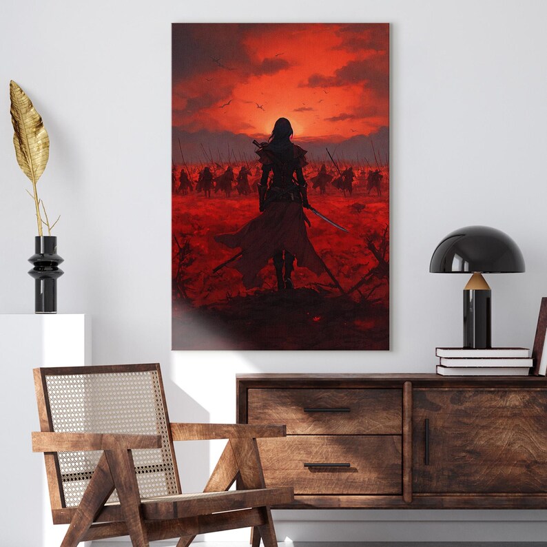 Fantasy Warrior Battle Scene Canvas Print | Epic Red Sky Dark Art Wall Decor for Game Room or Office