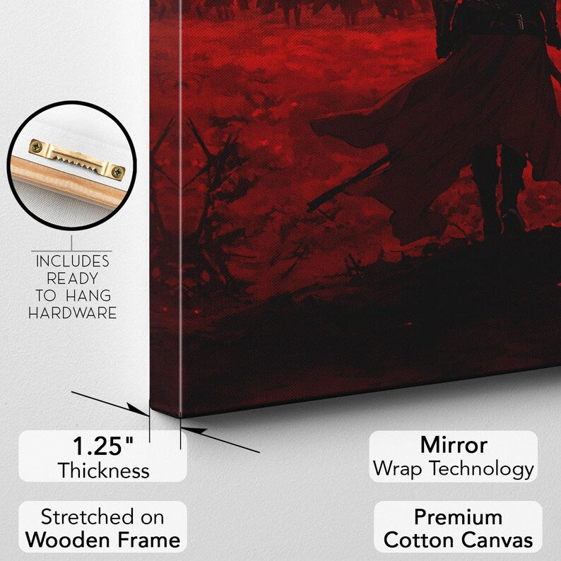 Fantasy Warrior Battle Scene Canvas Print | Epic Red Sky Dark Art Wall Decor for Game Room or Office