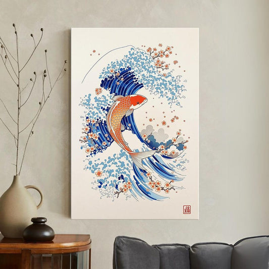 Japanese Koi Fish Canvas Print, Great Wave Wall Art, Cherry Blossom Ukiyo-e Style Art Print