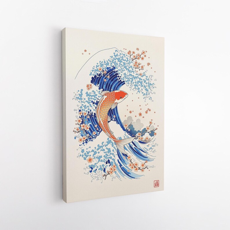 Japanese Koi Fish Canvas Print, Great Wave Wall Art, Cherry Blossom Ukiyo-e Style Art Print