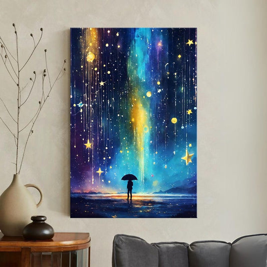 Magical Starfall Canvas Print, Person with Umbrella Art, Fantasy Sky Wall Art, Dreamy Cosmic Decor