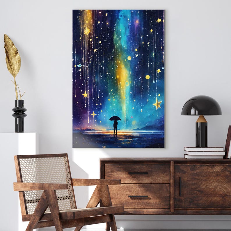 Magical Starfall Canvas Print, Person with Umbrella Art, Fantasy Sky Wall Art, Dreamy Cosmic Decor