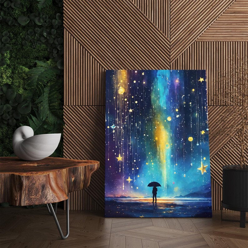 Magical Starfall Canvas Print, Person with Umbrella Art, Fantasy Sky Wall Art, Dreamy Cosmic Decor