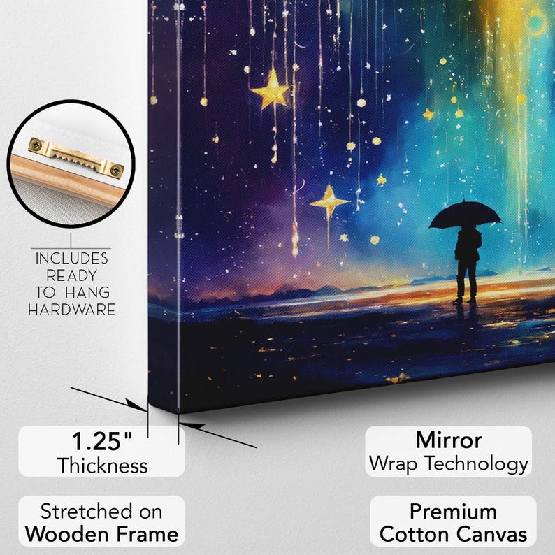 Magical Starfall Canvas Print, Person with Umbrella Art, Fantasy Sky Wall Art, Dreamy Cosmic Decor