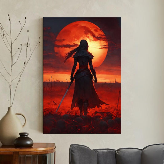 Dark Fantasy Warrior Canvas Print | Red Moon Epic Wall Art | Hooded Figure on Battlefield | Gothic Home Decor Gift for Him