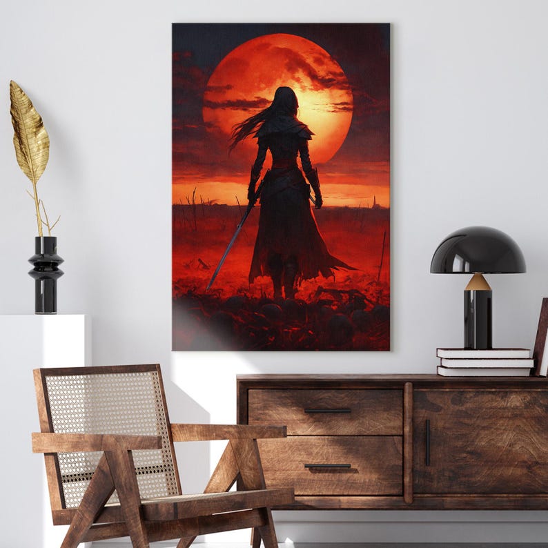 Dark Fantasy Warrior Canvas Print | Red Moon Epic Wall Art | Hooded Figure on Battlefield | Gothic Home Decor Gift for Him