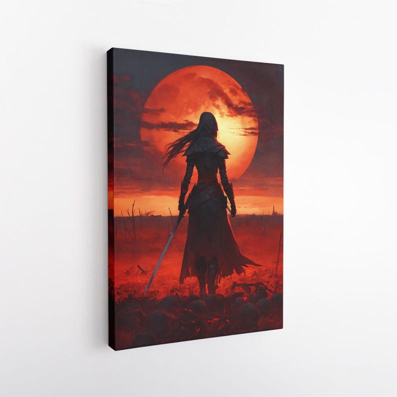 Dark Fantasy Warrior Canvas Print | Red Moon Epic Wall Art | Hooded Figure on Battlefield | Gothic Home Decor Gift for Him
