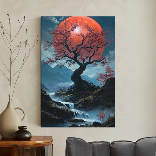 Mystical Cherry Blossom Blood Moon Canvas Print, Japanese Landscape Mountain Wall Art, Nature River Decor