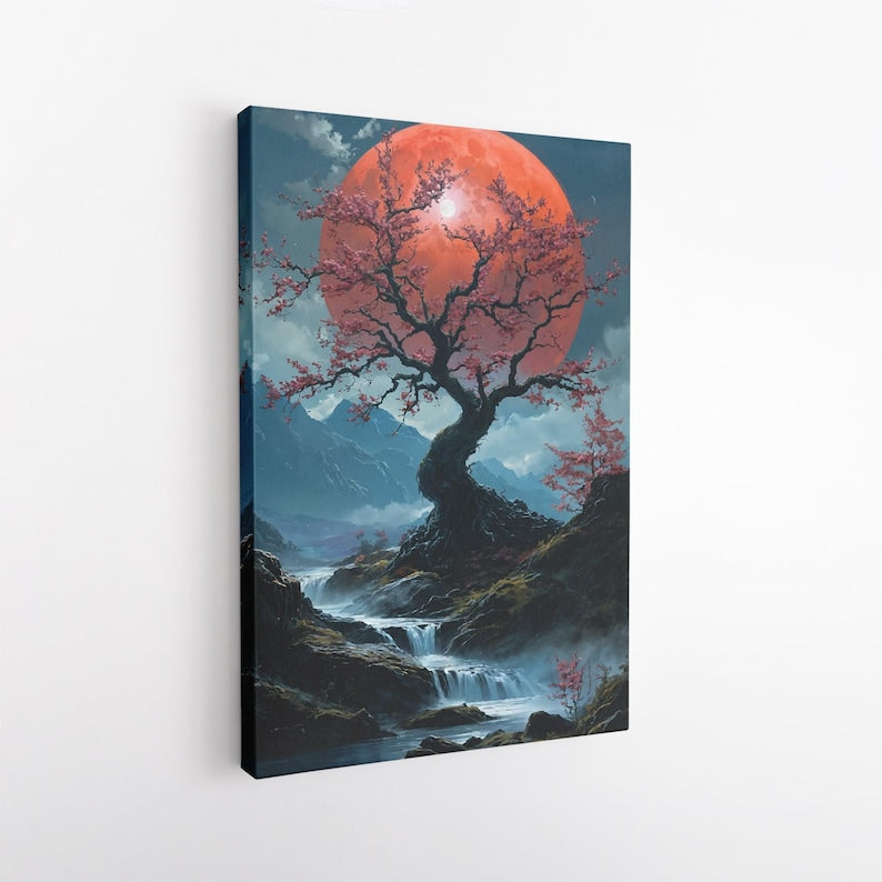 Mystical Cherry Blossom Blood Moon Canvas Print, Japanese Landscape Mountain Wall Art, Nature River Decor