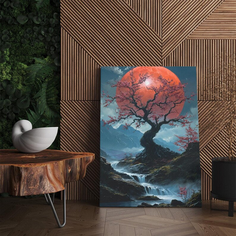 Mystical Cherry Blossom Blood Moon Canvas Print, Japanese Landscape Mountain Wall Art, Nature River Decor