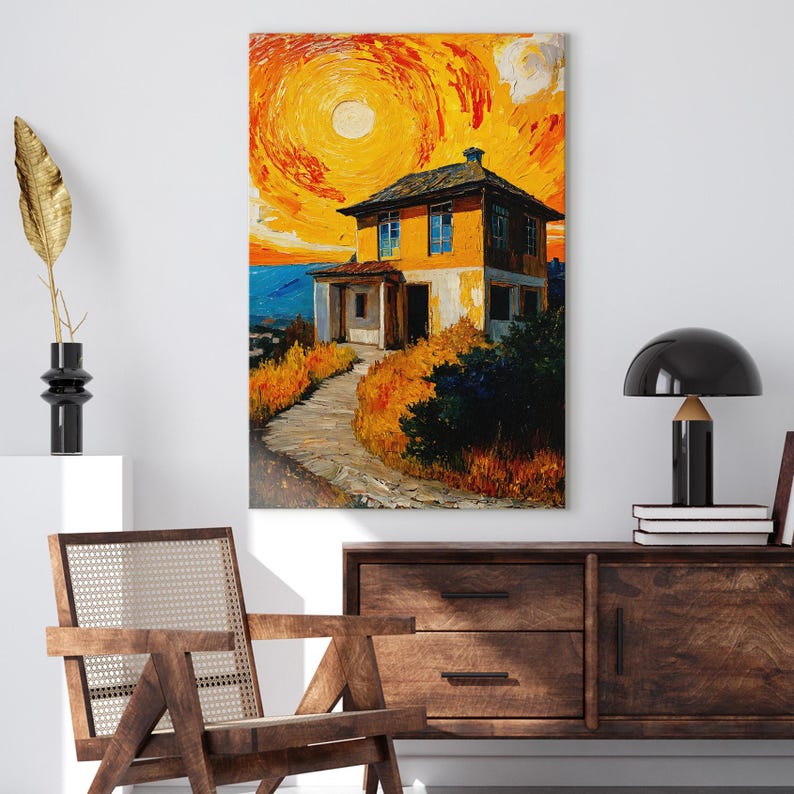 Van Gogh Style House Canvas Print, Vibrant Impasto Landscape Wall Art, Textured Oil Painting Print, Sunny Orange Home Decor