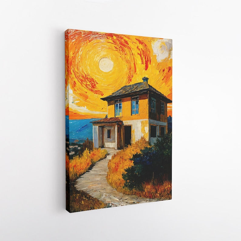 Van Gogh Style House Canvas Print, Vibrant Impasto Landscape Wall Art, Textured Oil Painting Print, Sunny Orange Home Decor