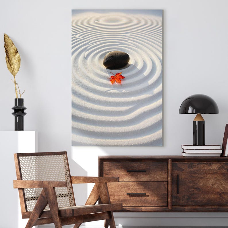 Zen Garden Canvas Print | Minimalist Meditation Wall Art | Peaceful Stone and Leaf Home Decor | Serene Nature Print