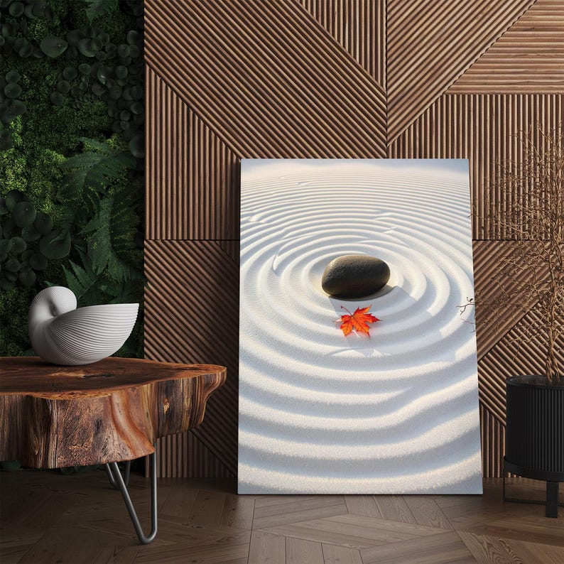 Zen Garden Canvas Print | Minimalist Meditation Wall Art | Peaceful Stone and Leaf Home Decor | Serene Nature Print