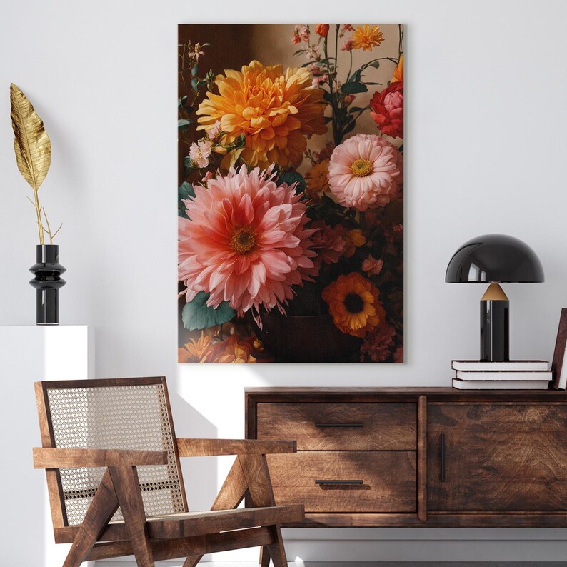 Vibrant Floral Still Life Canvas Print | Pink Orange Dahlia Wall Art | Botanical Home Decor