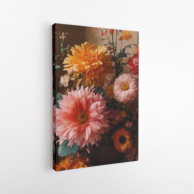 Vibrant Floral Still Life Canvas Print | Pink Orange Dahlia Wall Art | Botanical Home Decor