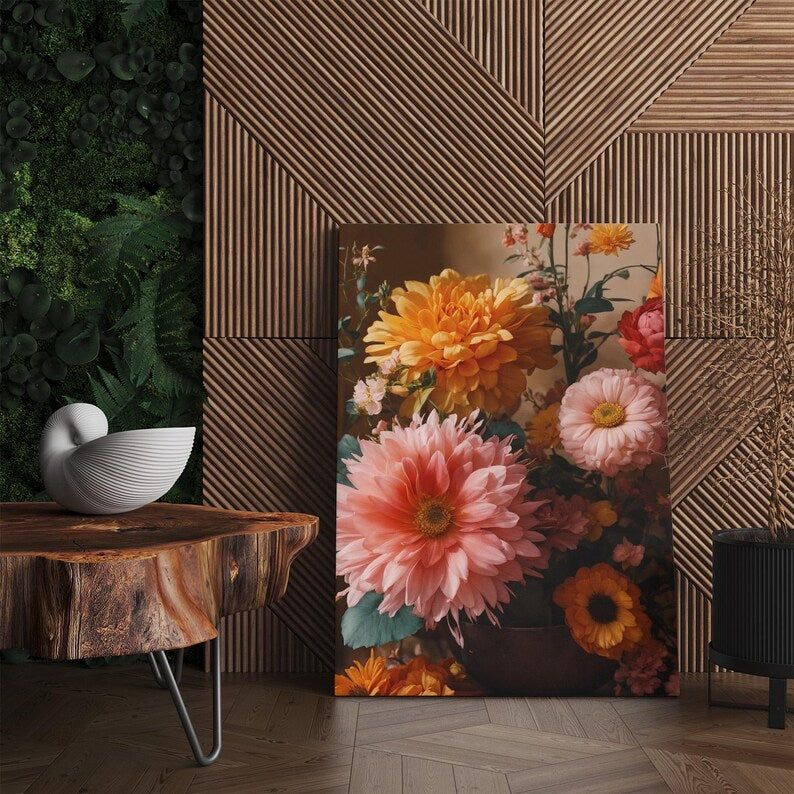 Vibrant Floral Still Life Canvas Print | Pink Orange Dahlia Wall Art | Botanical Home Decor