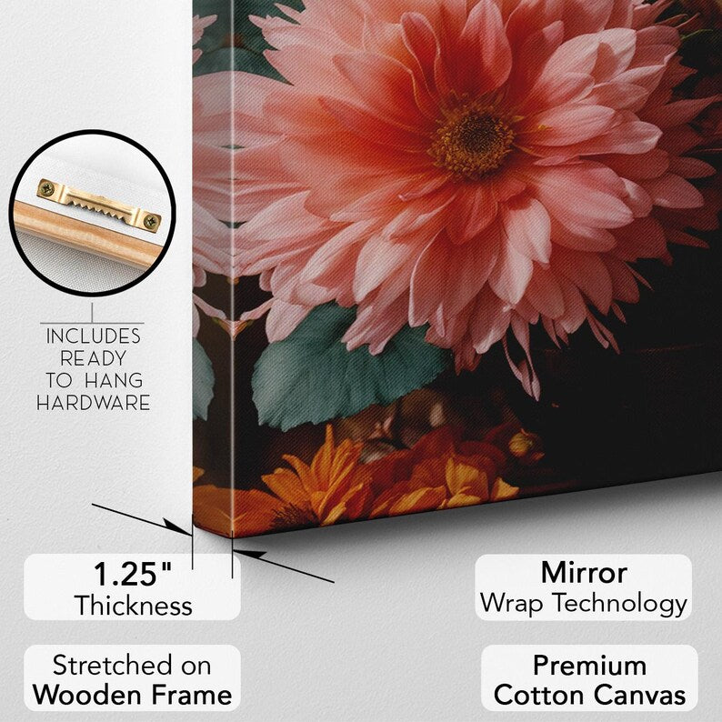 Vibrant Floral Still Life Canvas Print | Pink Orange Dahlia Wall Art | Botanical Home Decor