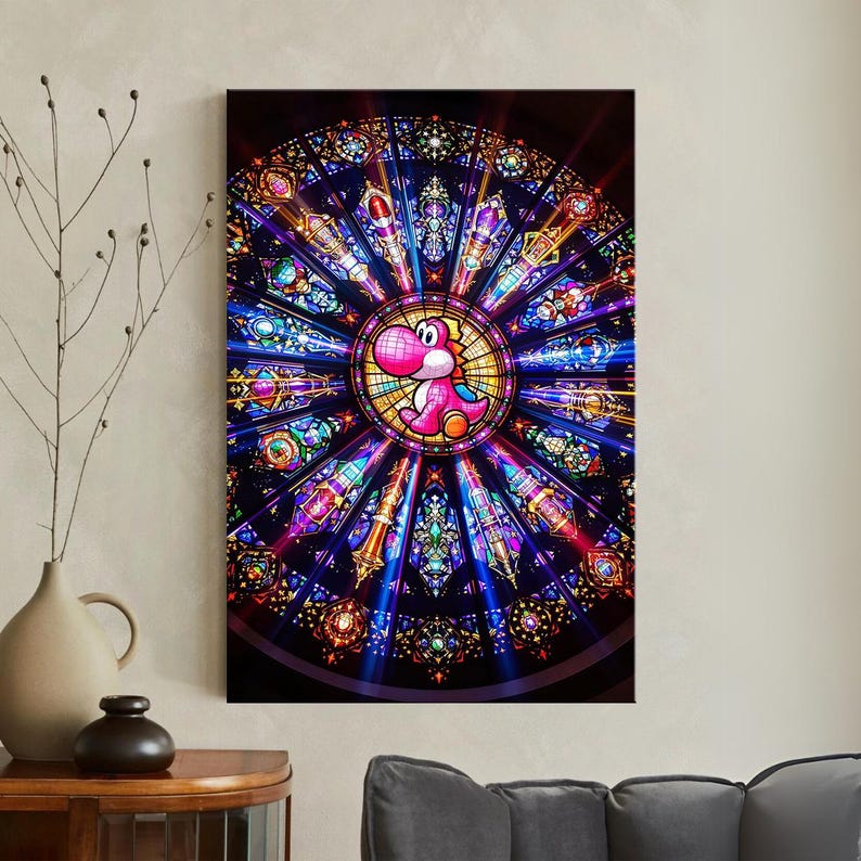 Pink Yoshi Stained Glass Canvas Print, Nintendo Mario Gaming Wall Art, Vibrant Gamer Room Decor Gift