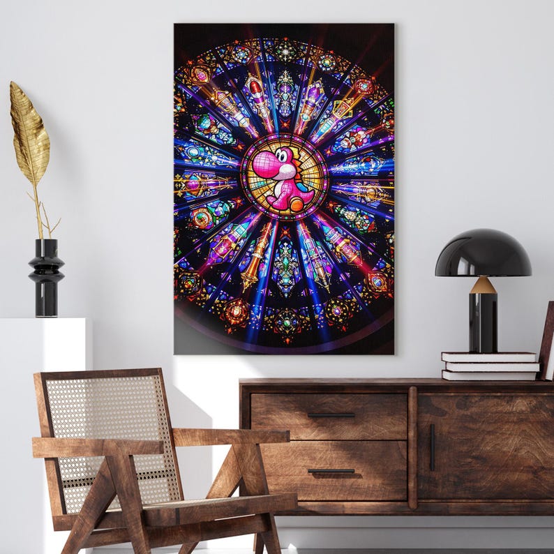 Pink Yoshi Stained Glass Canvas Print, Nintendo Mario Gaming Wall Art, Vibrant Gamer Room Decor Gift