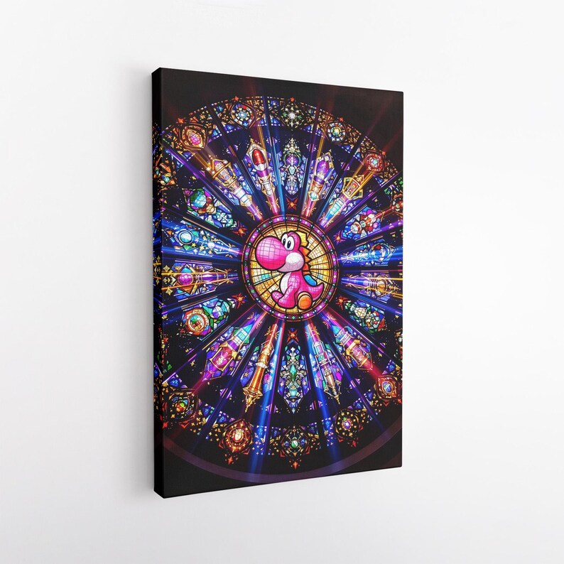 Pink Yoshi Stained Glass Canvas Print, Nintendo Mario Gaming Wall Art, Vibrant Gamer Room Decor Gift