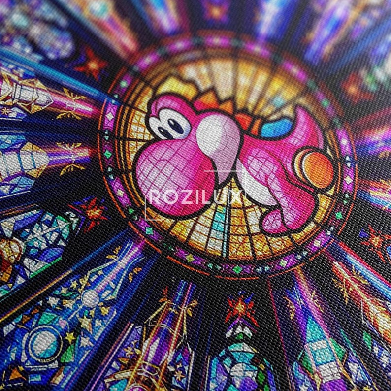 Pink Yoshi Stained Glass Canvas Print, Nintendo Mario Gaming Wall Art, Vibrant Gamer Room Decor Gift