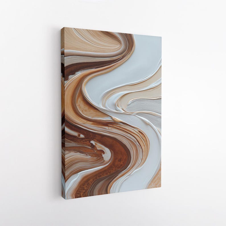 Neutral Abstract Canvas Print, Brown White Beige Swirl Wall Art, Modern Textured Home Decor, Large Wall Art