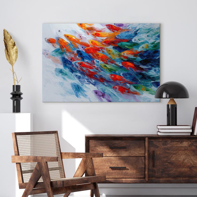 Abstract Fish Shoal Wall Art, Lake House Decor, Colourful Oil Painting Style Canvas Print, Modern Coastal Sea Ocean Life Kitchen, Livingroom