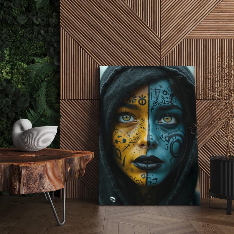 Witchy Woman Art Canvas Print, Gothic Fantasy Portrait with Mystical Symbols, Dark Moody Blue and Yellow Wall Decor