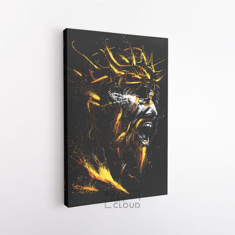 Jesus portrait illustration, christian wall art, man cave decor, black and gold poster prints, modern wall art for living room