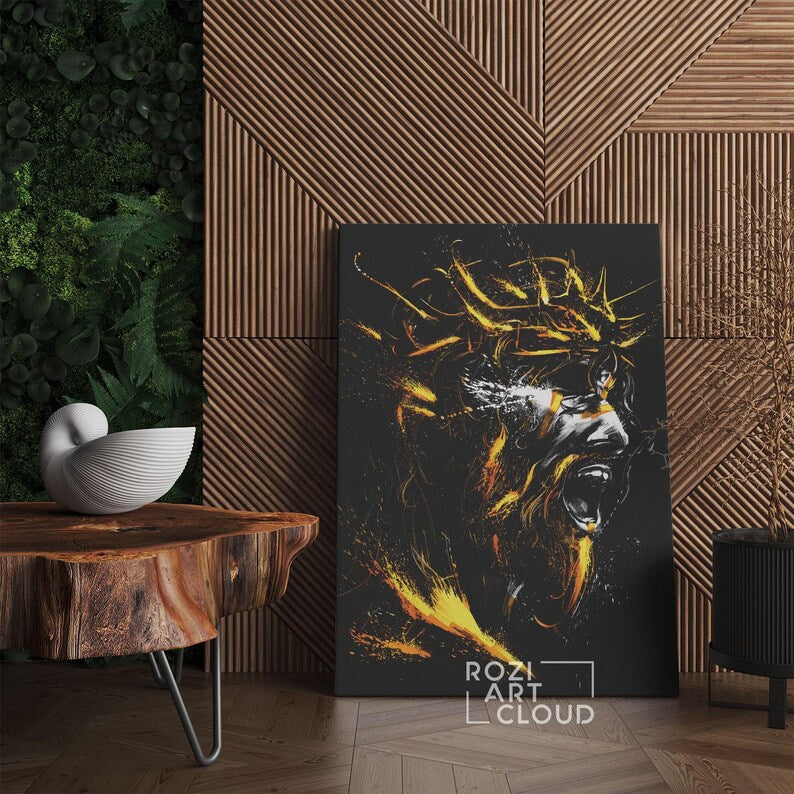 Jesus portrait illustration, christian wall art, man cave decor, black and gold poster prints, modern wall art for living room