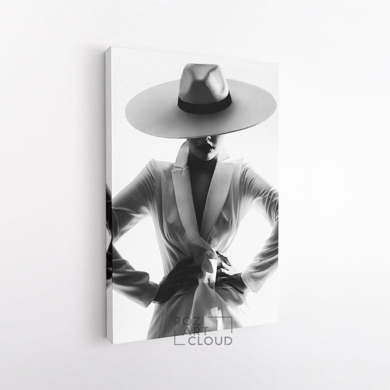 Black woman wall art, classic suit poster prints, fashion artwork for living room, black and white art prints, large modern art