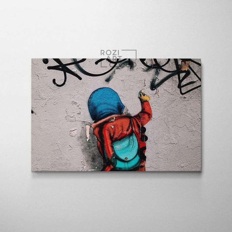 Banksy wall art poster print, trendy graffiti street art canvas decor, large modern art aesthetic for living room & bathroom