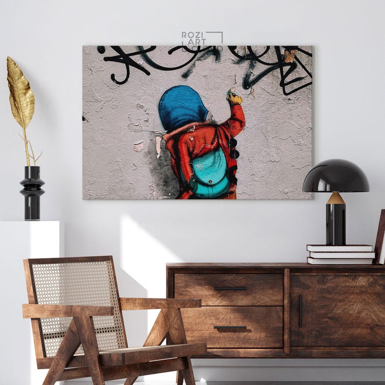 Banksy wall art poster print, trendy graffiti street art canvas decor, large modern art aesthetic for living room & bathroom