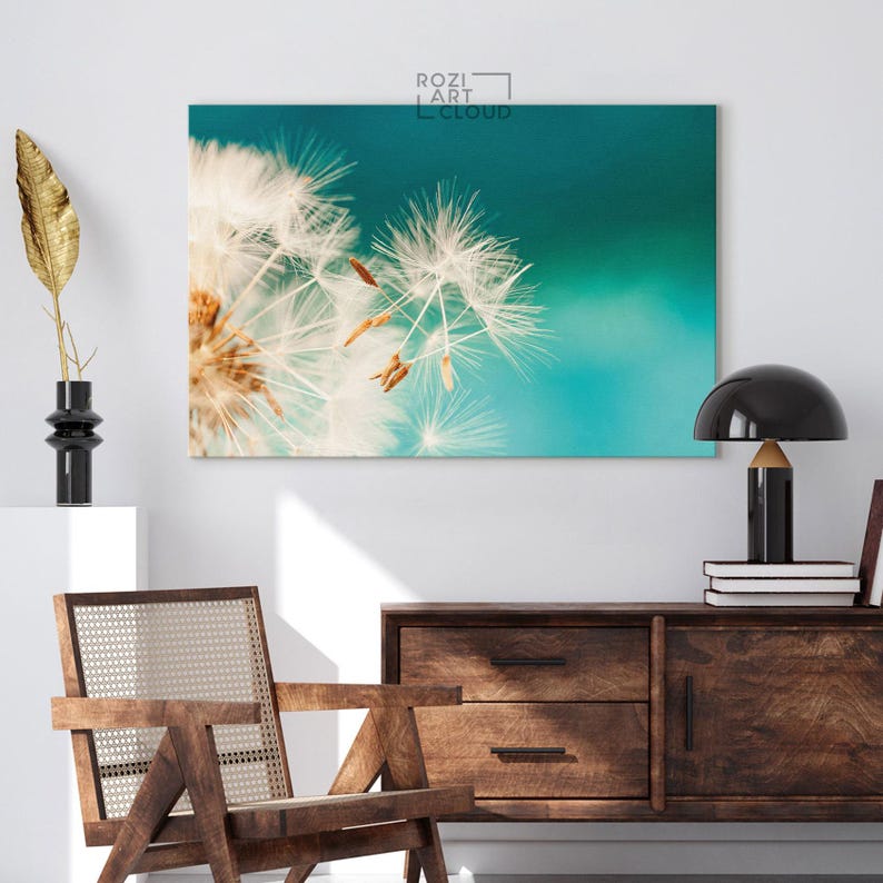 Dandelion art canvas, white flowers decor, botanical wall art, nature wall decor, teen room decorations