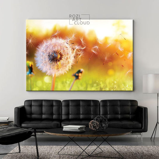 Dandelion flower wall art, flower canvas print, nature wall decor, green landscape artwork