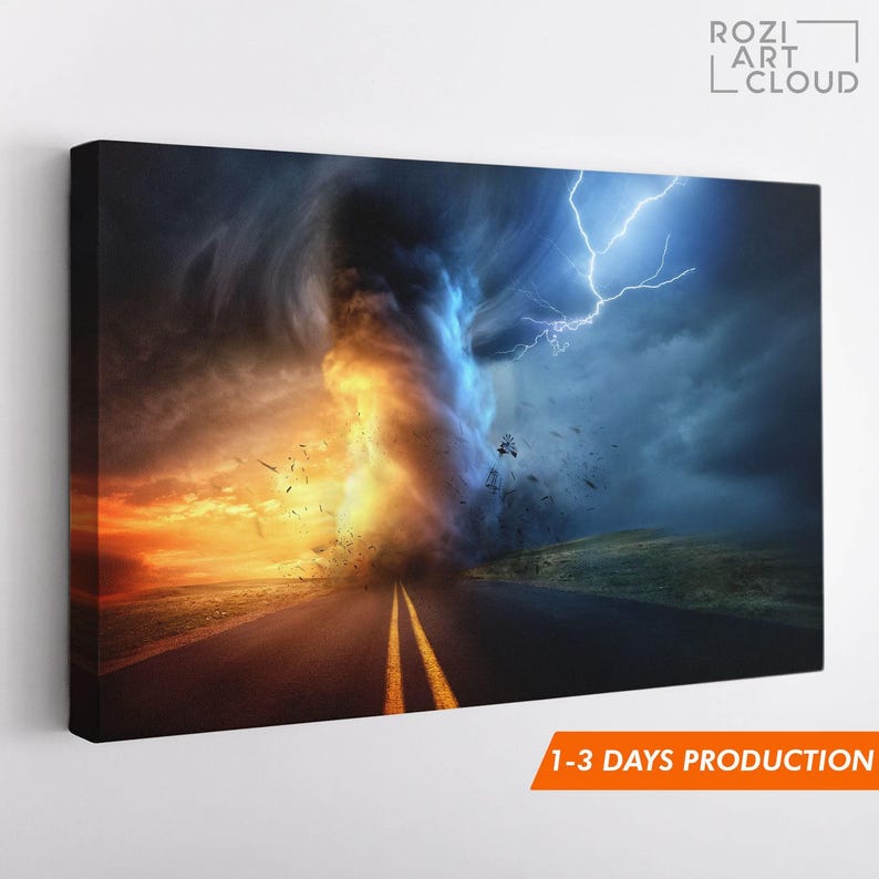 Thunder storm wall art, tornado art print, sunset wall decor, nature canvas print, road artwork decor