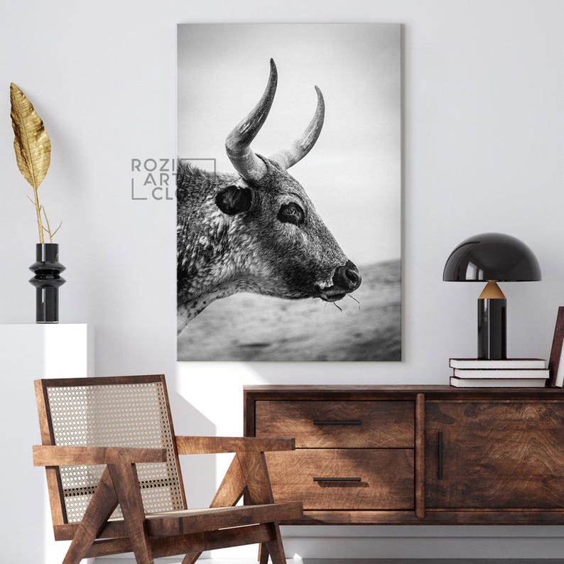 Longhorn cattle canvas print, affordable farmhouse decor, animal wall art, black and white canvas, nature art prints, cow canvas