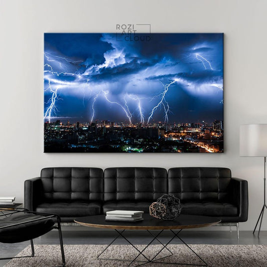 Thunder canvas print, city wall art, night city poster print, cityscape decor, clouds artwork