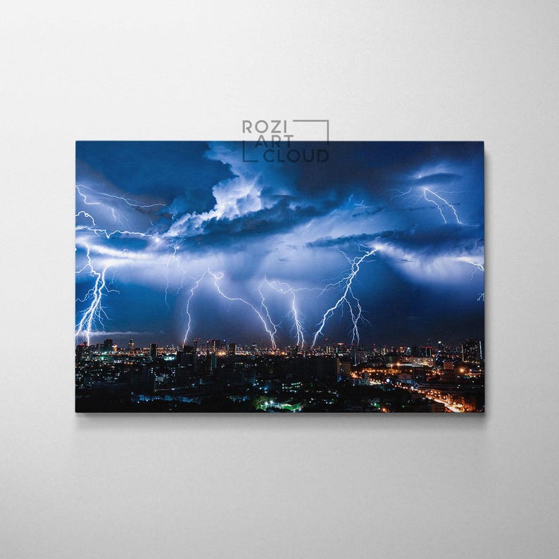 Thunder canvas print, city wall art, night city poster print, cityscape decor, clouds artwork