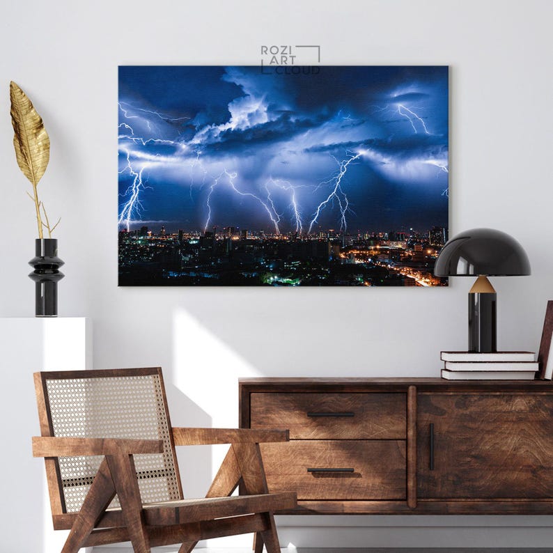 Thunder canvas print, city wall art, night city poster print, cityscape decor, clouds artwork