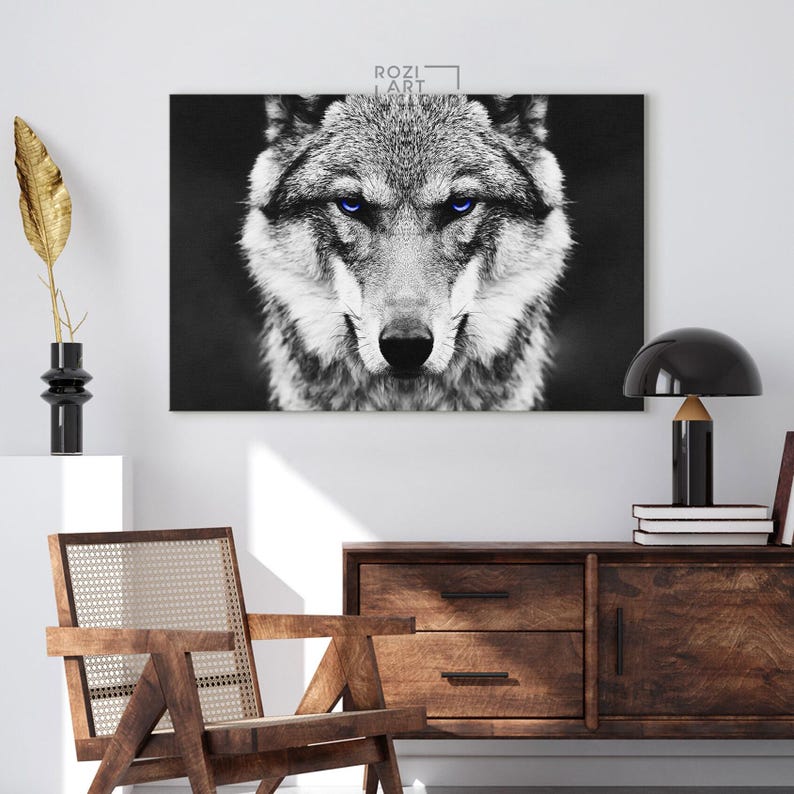 Wolf portrait art, animal wall print, black and white art, farm decor, wild animal canvas print